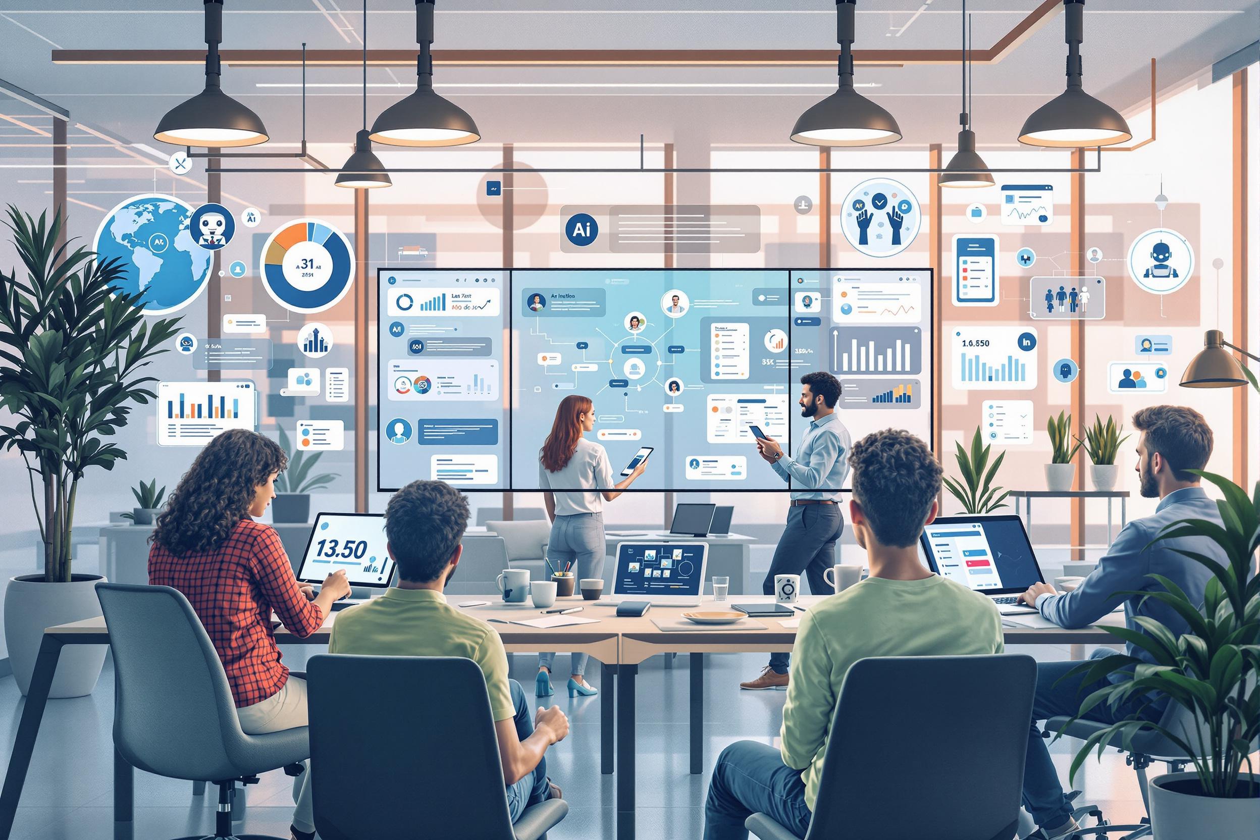 Futuristic office with diverse professionals using AI tools and no-code platforms.